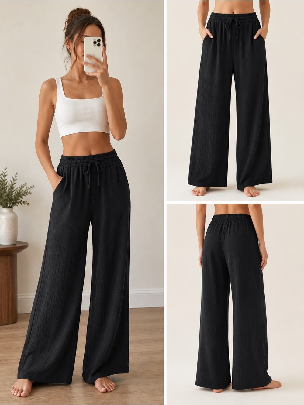 Halara Women’s Black Wide Leg Pull-On Pants Drawstring Casual Trouser Lounge L T